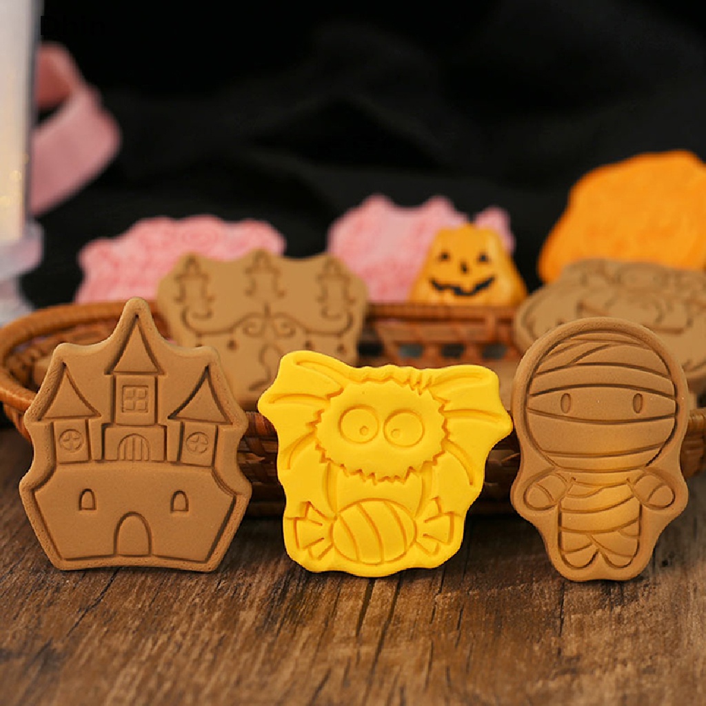 Bộ 8 Khuôn Cắt Bánh Quy Bằng Nhựa Họa Tiết Hoạt Hình Phong Cách Halloween