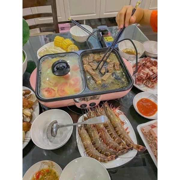 ếp Điện Mini 2 Ngăn của hãng HONGSHUANGXI, Đế Chống Dính | Công Dụng 5 Trong 1 Có Thể Vừa Ăn Nướng, Vừa Ăn Lẩu