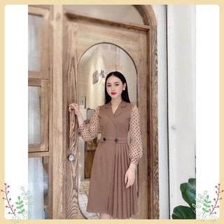 Đầm Dự Tiệc Lury Nữ, Váy Thiết Kế Cổ Vest Chân Váy Xếp Ly Tay Bồng, Form Chuẩn Tôn Dáng Màu Nâu Tây/Đen Siêu Đẹp V121