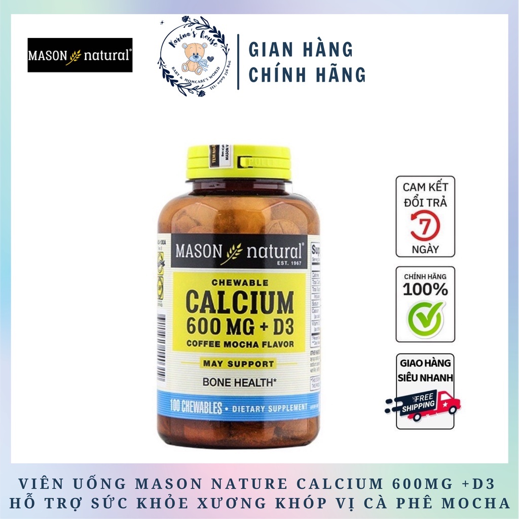 [MASON] Calcium 600mg + D3 Lọ 100 Viên Mason - Hấp Thu Canxi