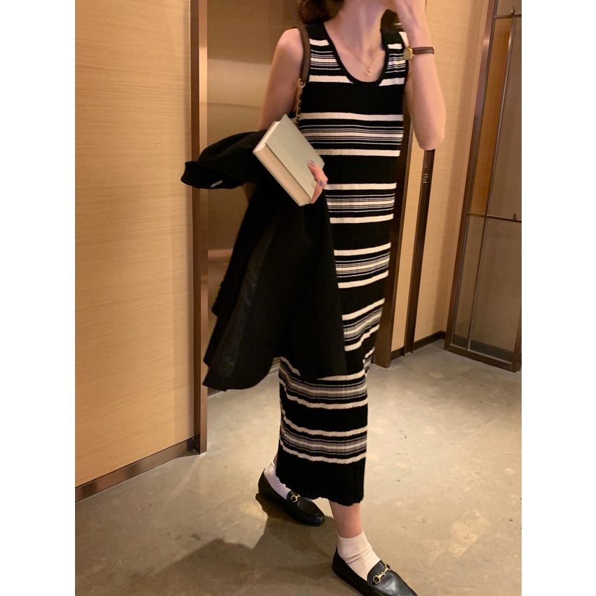 Xiaozhainv Đầm Maxi Dệt Kim Không Tay Dáng Chữ A Màu Sắc Tương Phản Phong Cách Hàn Quốc Dành Cho Nữ