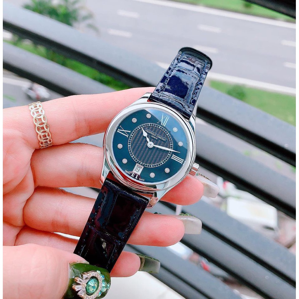 Đồng hồ NỮ Frederique Constant FC-220MND3B26 Classics Diamond, mặt xanh, dây da, kính shapphire - Máy pin