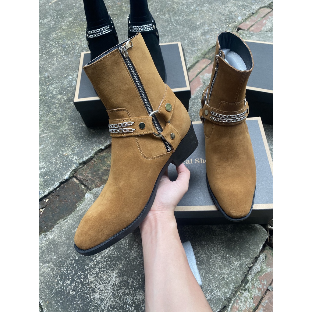 Giày Harness Boots thời trang nam chất liệu da bò lộn màu nâu khóa zip | BigBuy360 - bigbuy360.vn