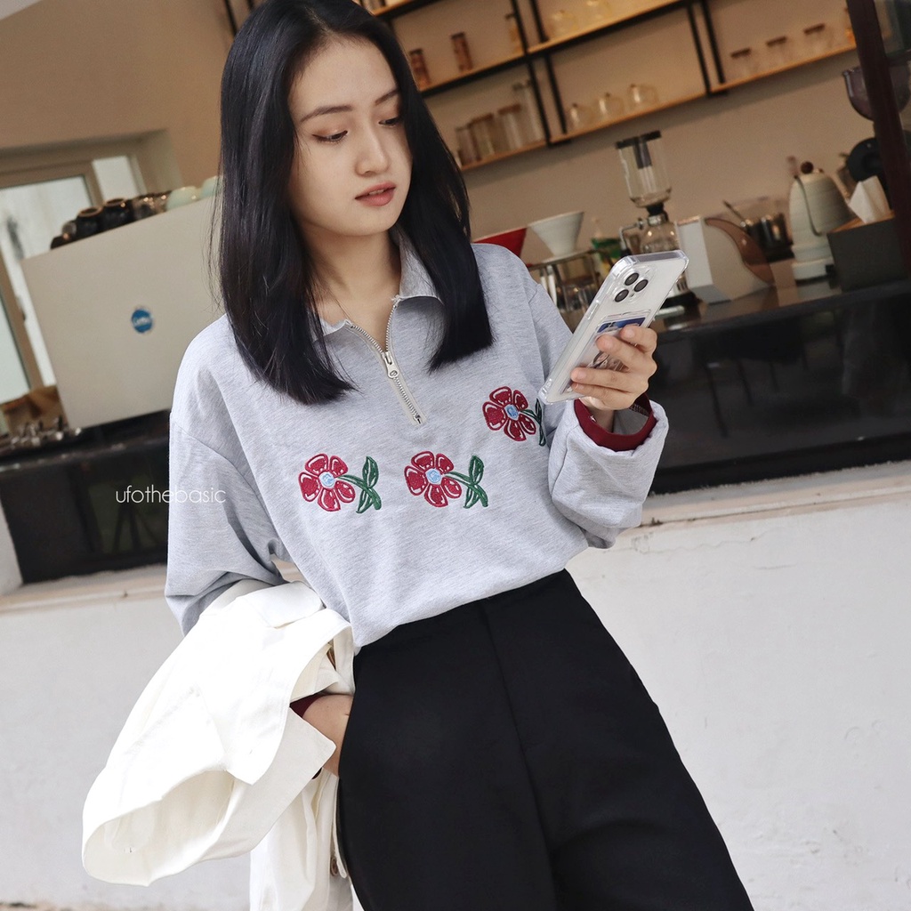 Áo polo dài tay nỉ da cá mỏng họa tiết thêu - &quot;picked by ufo&quot;