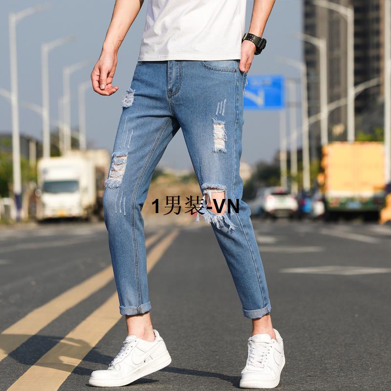 Hàng Giao Ngay Quần Jean Lelaki Mỏng Vừa Vặn Cắt Thẳng Vải Denim Đen Panjang Rách Dài Size Lớn Cho Nam