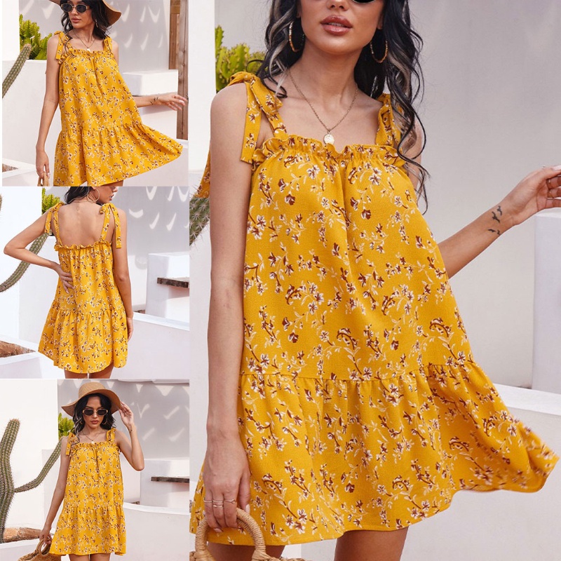 Đầm Mini Hai Dây Nhún Bèo In Họa Tiết Hoa Phong Cách Boho Màu Vàng Cho Nữ
