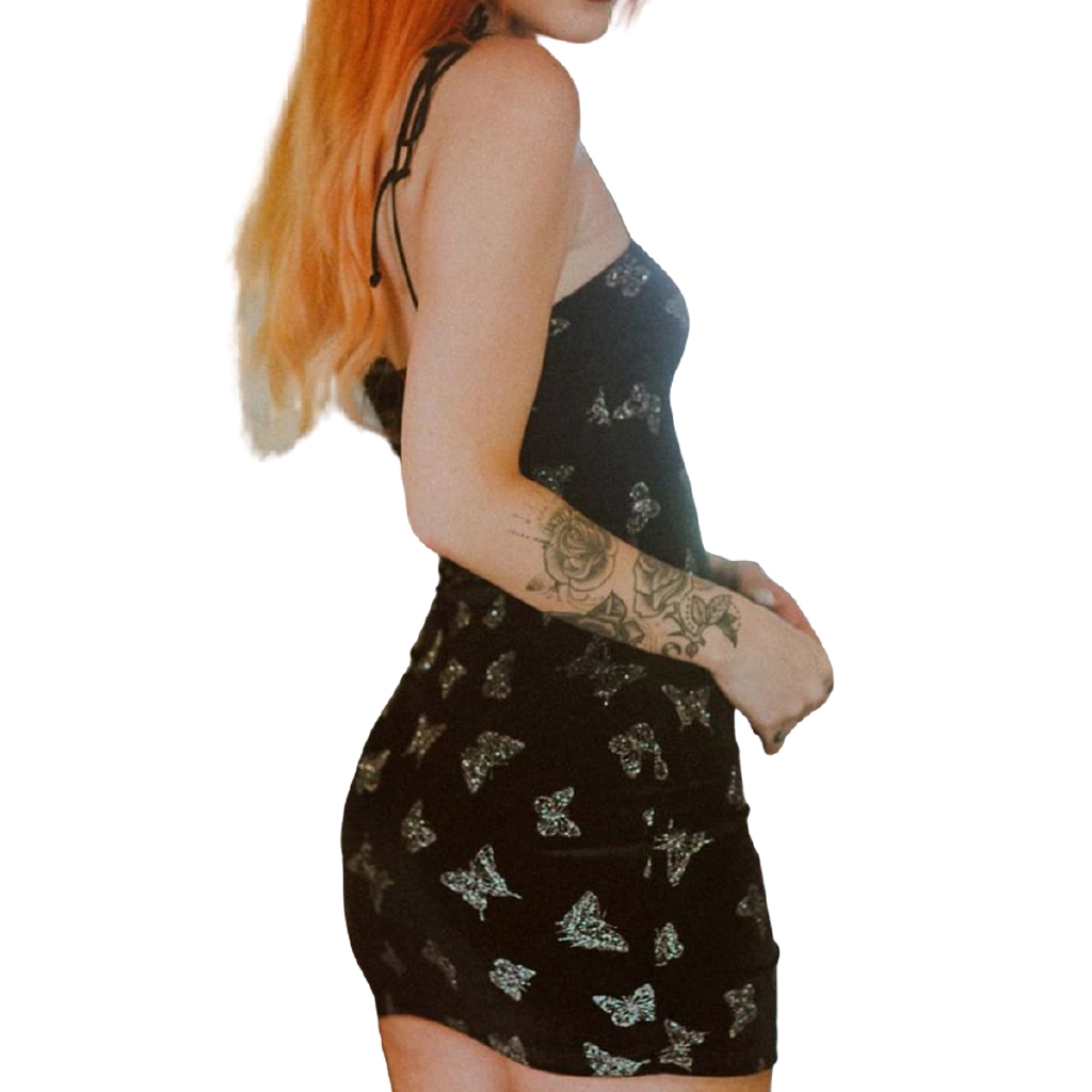 Đầm Đen Sát Nách Hoạ Tiết Bướm Thời Trang Mùa Hè