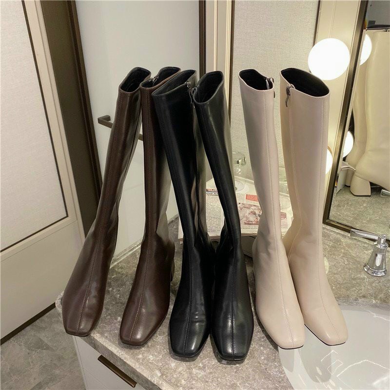Giày Bốt Nữ| Bốt đùi dưới gối ulzzang da lì mềm lót nỉ êm 6.5cm quảng châu loai 1 Ảnh thật