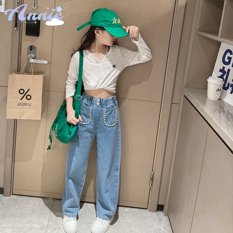 Quần Jean Ống Rộng Phối Túi Đính Ngọc Trai Thời Trang Hàn Quốc Mới Cho Bé Gái