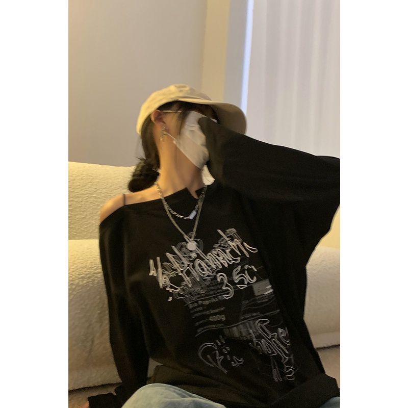 Ethelgirl Áo Thun Tay Dài Trễ Vai Họa Tiết Độc Đáo Phong Cách Cổ Điển Thời Trang Hàn Quốc Cho Nữ