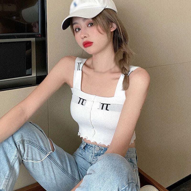 Áo Tank Top Dệt Kim 2 Dây Cổ Vuông Phong Cách Hàn Quốc