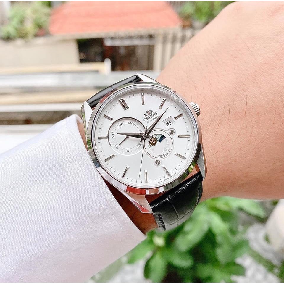 Đồng hồ Nam Orient Sun Moon 5 RA-AK0305S00C/RA-AK0305S10B Size 42mm,Mặt trắng,Lịch-Máy cơ tự động-Dây da đen cao cấp