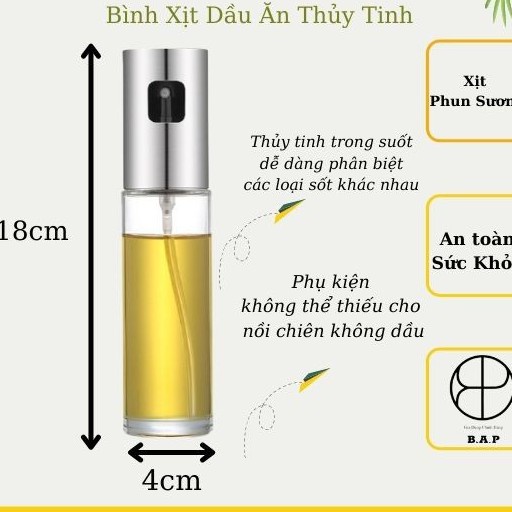 Bình Xịt Dầu Ăn Thủy Tinh Nắp Inox Dùng Cho Nồi Chiên Không dầu, Nướng, Chiên Rán Tiện Lợi