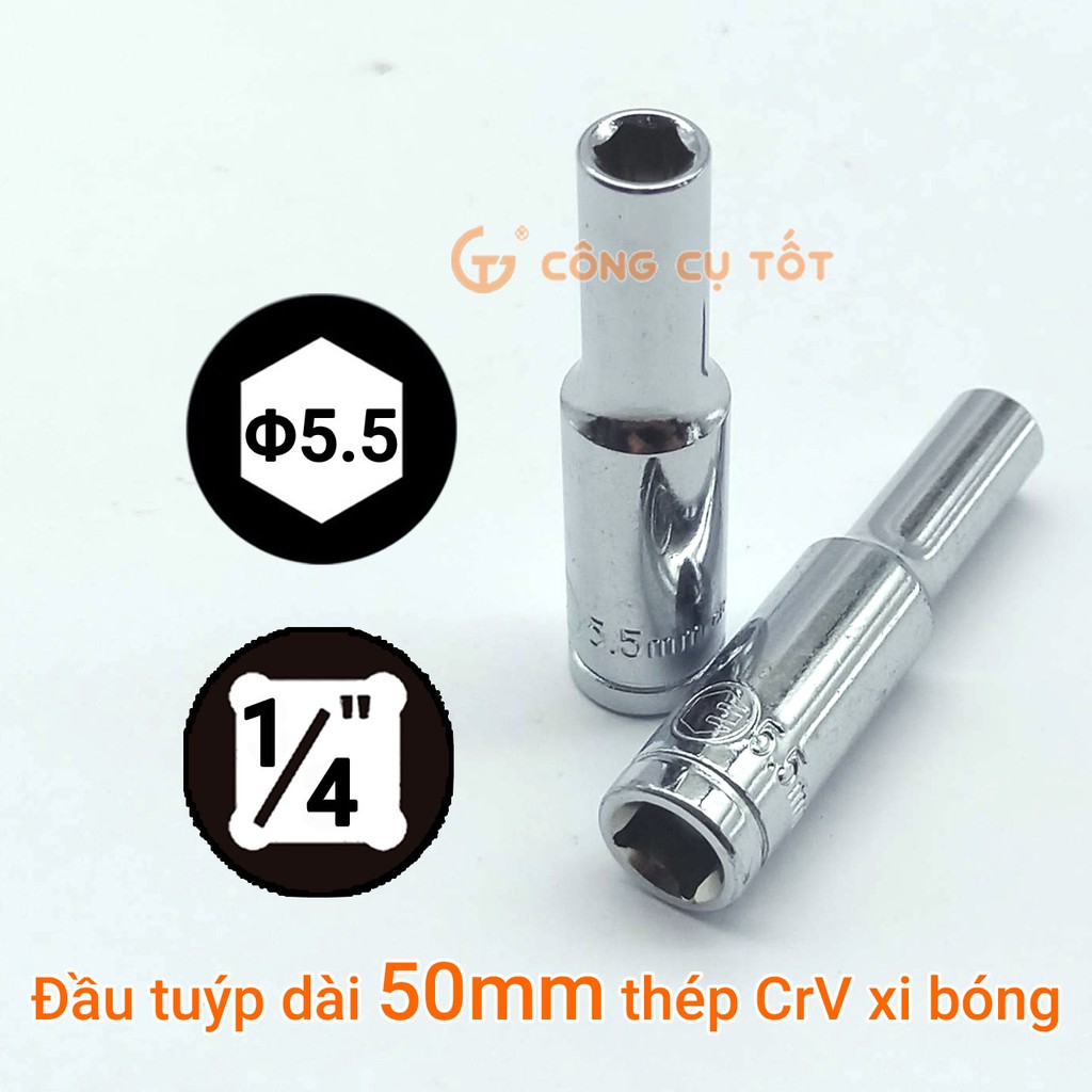 Đầu tuýp 1/4 dài 50mm thép CrV xi bóng