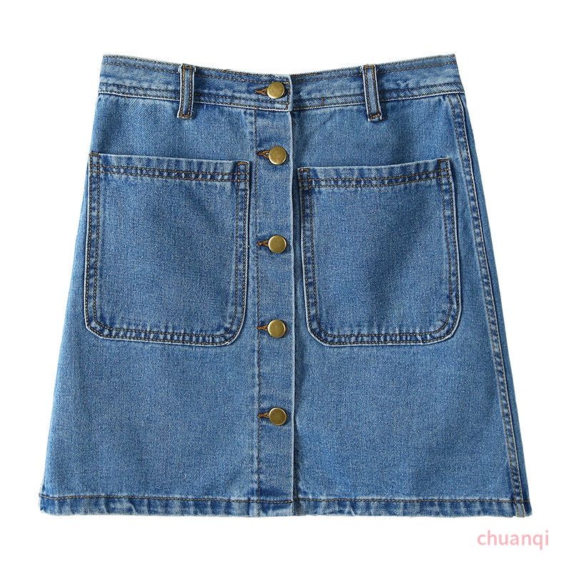 Chân váy jean Chữ A Lưng Cao Phối Hàng Nút Thời Trang Xuân Hè Phong Cách Hàn Quốc