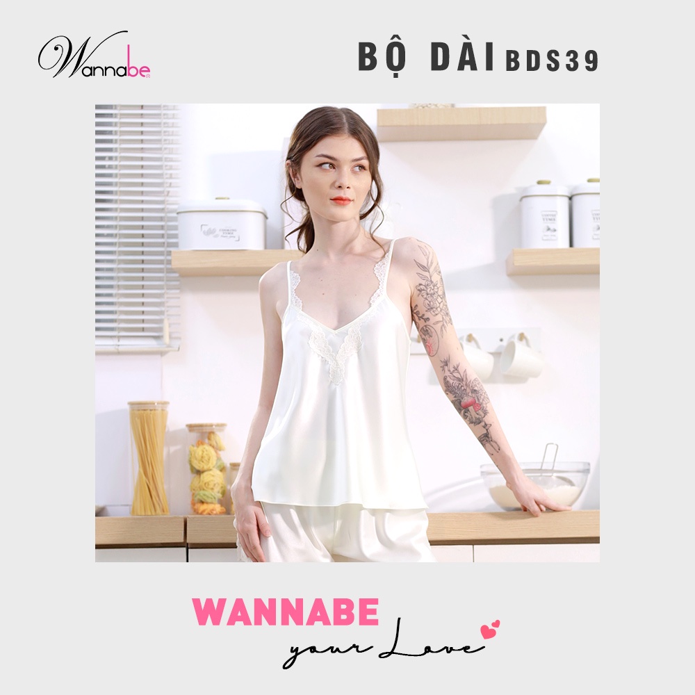 Đồ bộ mặc nhà phi lụa cao cấp Wannabe, bộ dài BDS39 viền ren dây vai bắt mắt nữ tính