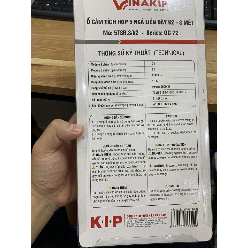 Ổ cắm VINAKIP an toàn cho trẻ em  tự ngắt tích hợp 5 ngả liền dây