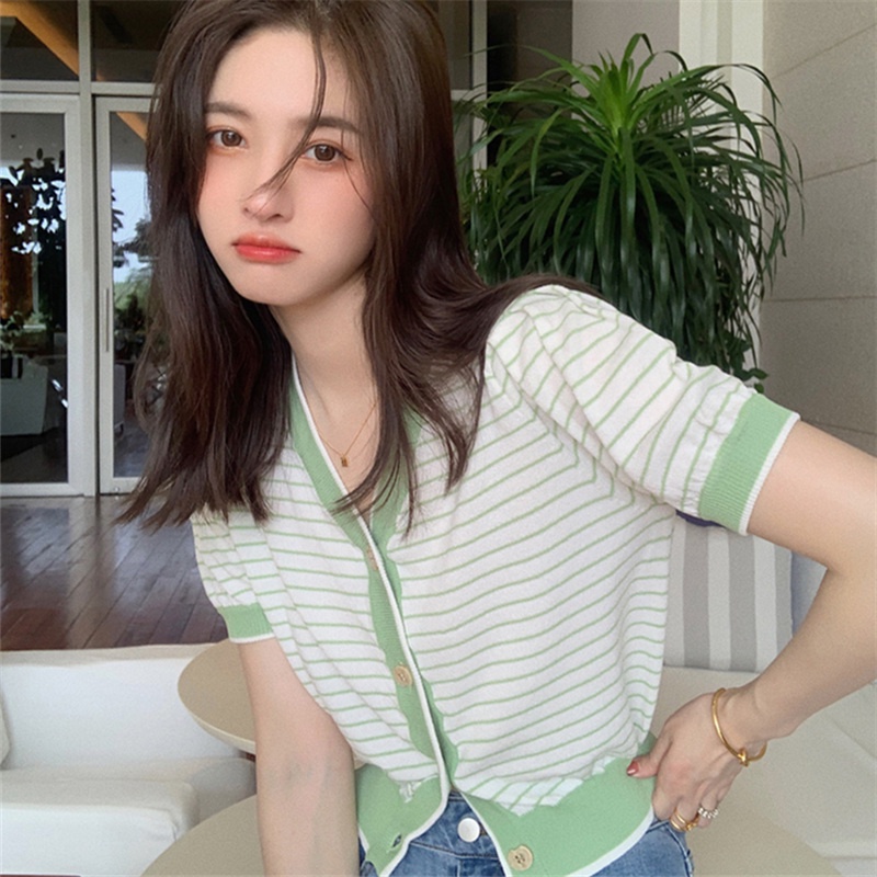 Áo Cardigan Ngắn Tay Kẻ Sọc Màu Sắc Trơn Phong Cách Retro Hàn Quốc