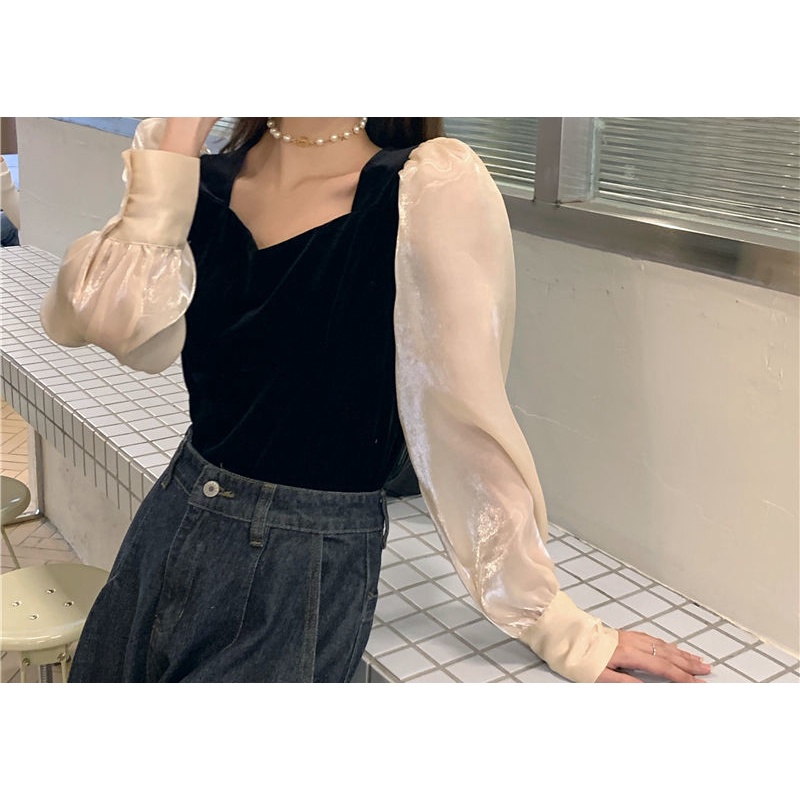 Áo Sơ Mi Tay Phồng Chất Liệu Nhung Thời Trang 2022 Phong Cách Vintage Cho Nữ