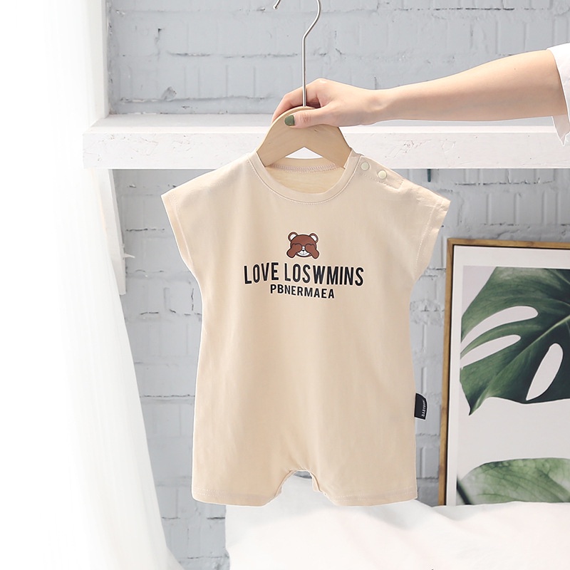 Áo Liền Quần Bằng Cotton Tay Ngắn In Chữ Và Gấu Hoạt Hình Dễ Thương Dành Cho Bé 0-2 Tuổi