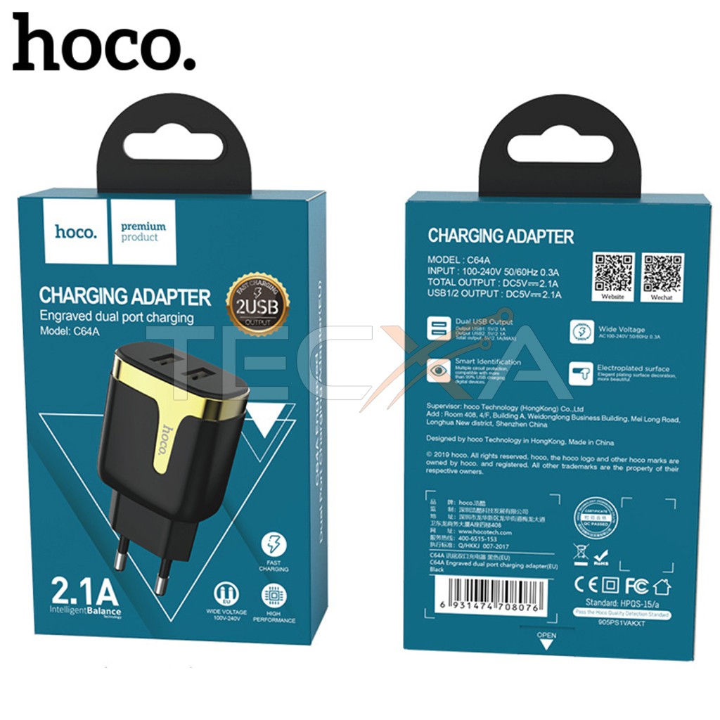 Củ Sạc Nhanh Hoco C64A - Củ Sạc Chính Hãng Hoco C64A 2 Cổng Usb 5V 2,1A - Bảo hành 12 tháng