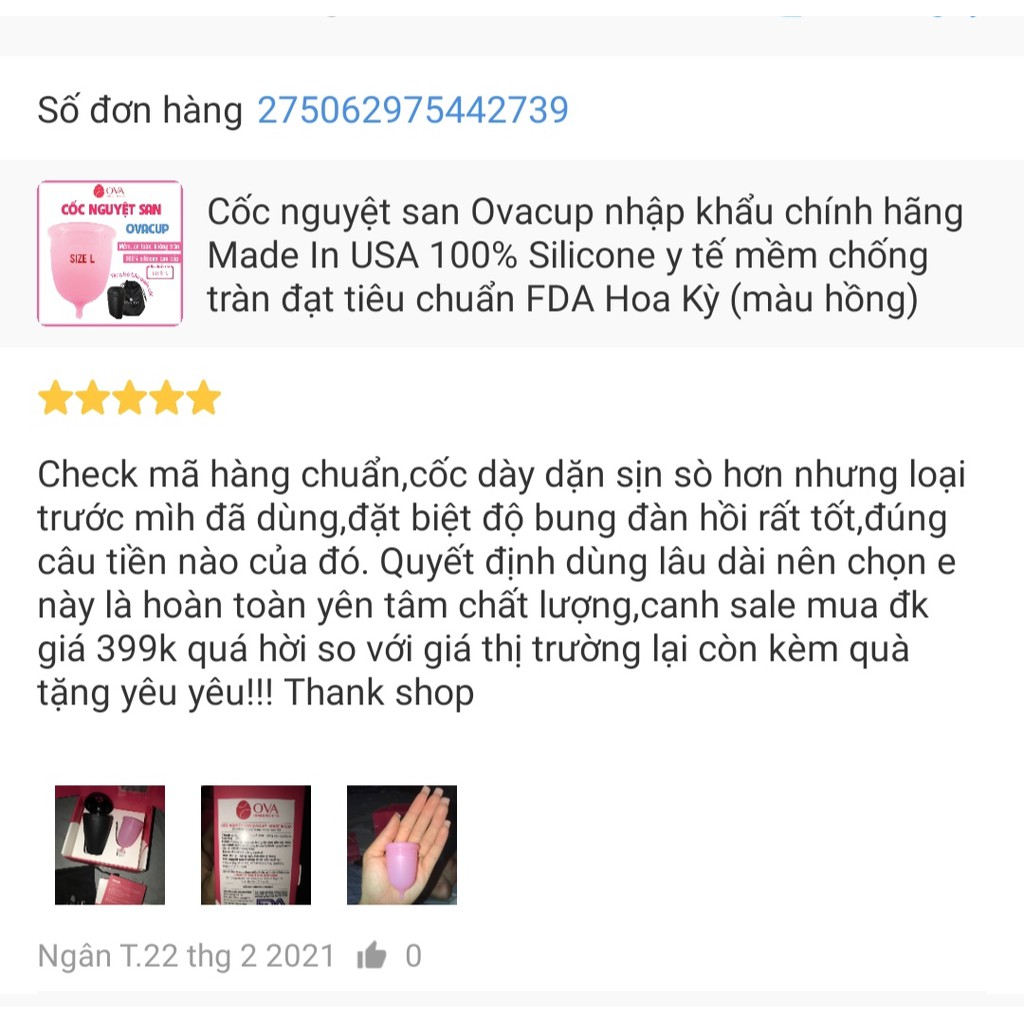 Cốc nguyệt san Ovacup nhập khẩu chính hãng Made In USA 100% Silicone y tế siêu mềm, đạt tiêu chuẩn FDA Hoa Kỳ 2 size