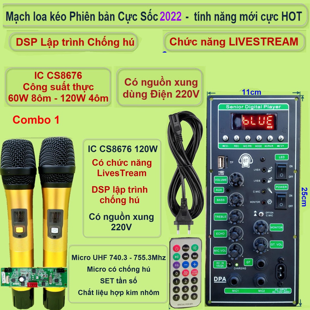 Mạch loa kéo 3 tấc đơn 3 đường tiếng LIVESTREAM DSP chống hú IC CS8676 120W nguồn xung 220V  và micro đôi