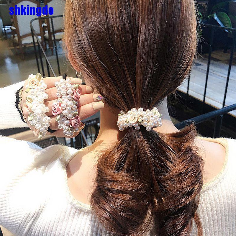 Dây cột tóc đuôi ngựa co giãn đính hạt ngọc trai