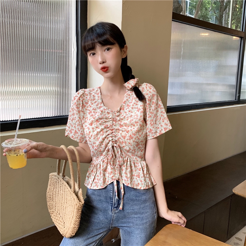 SUXI Áo Kiểu Tay Ngắn Chất Chiffon Hoạ Tiết Hoa Thời Trang Mùa Hè