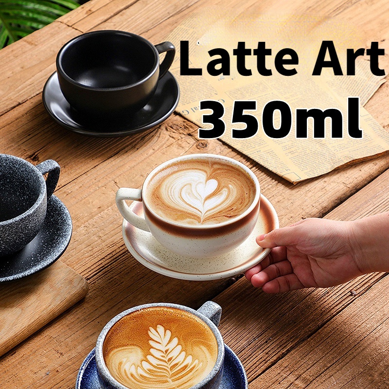 Bộ Cốc Uống Cà Phê 350ml Dập Nổi Họa Tiết Miệng Lớn Chuyên Nghiệp