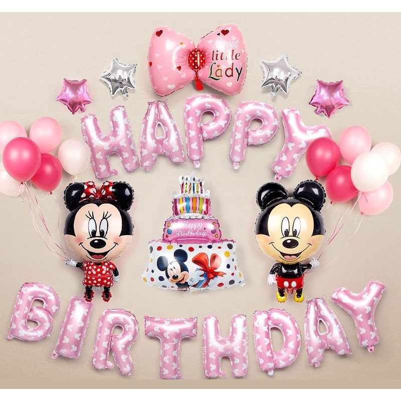 Set 33 bong bóng trang trí tiệc sinh nhật hình heo hồng/ chuột Mickey Minnie đáng yêu