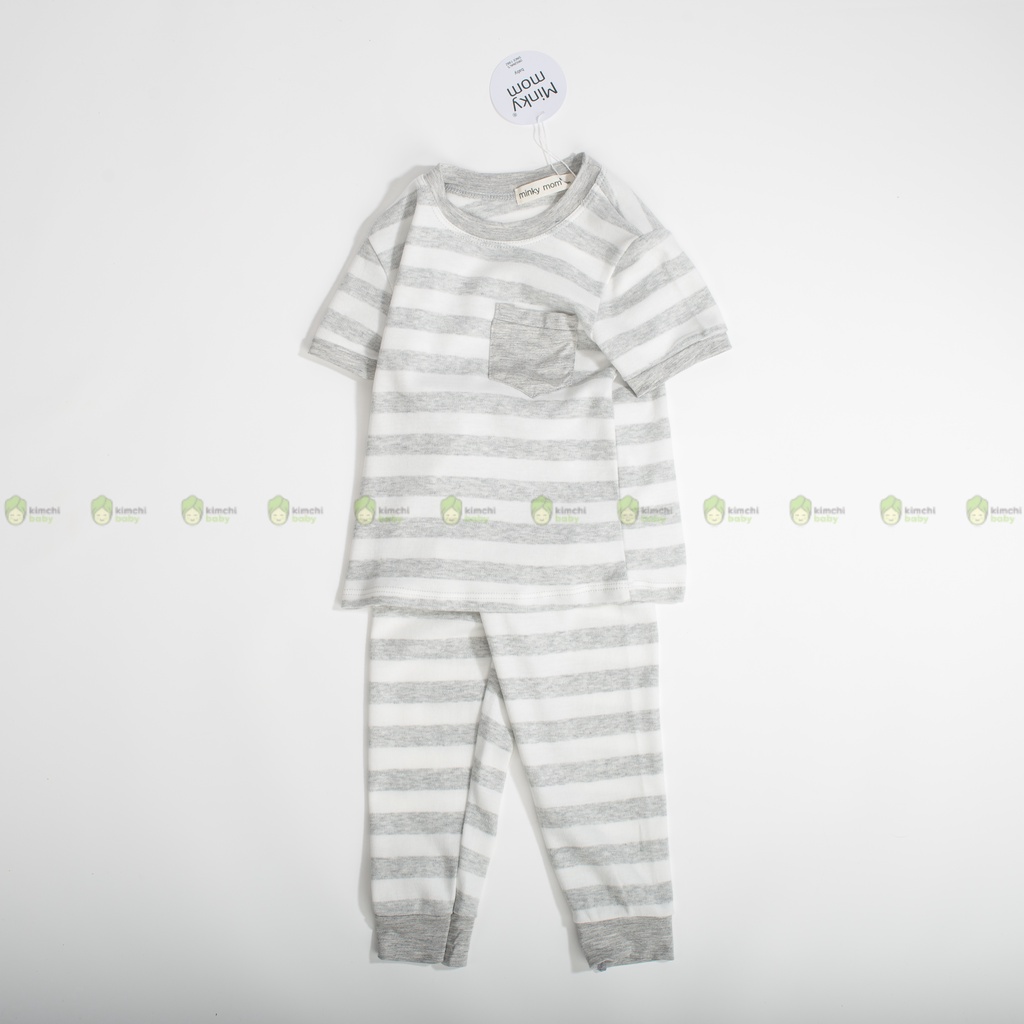 Đồ Bộ Bé Trai, Bé Gái Minky Mom Vải Cotton Sọc Ngang Túi Ngực, Bộ Dài Tay Cho Bé Mặc Nhà Thu Đông MKMTD2176