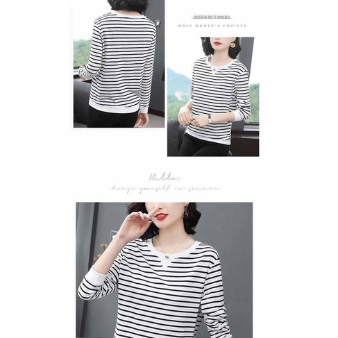 Áo thun tay dài họa tiết kẻ sọc thời trang cho phụ nữ trung niên