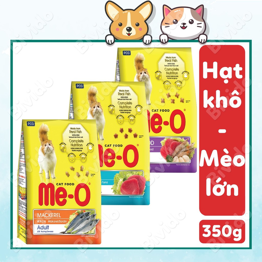 Thức ăn mèo lớn Me-O Adult vị cá thu, cá ngừ, hải sản túi 350g - Bivido