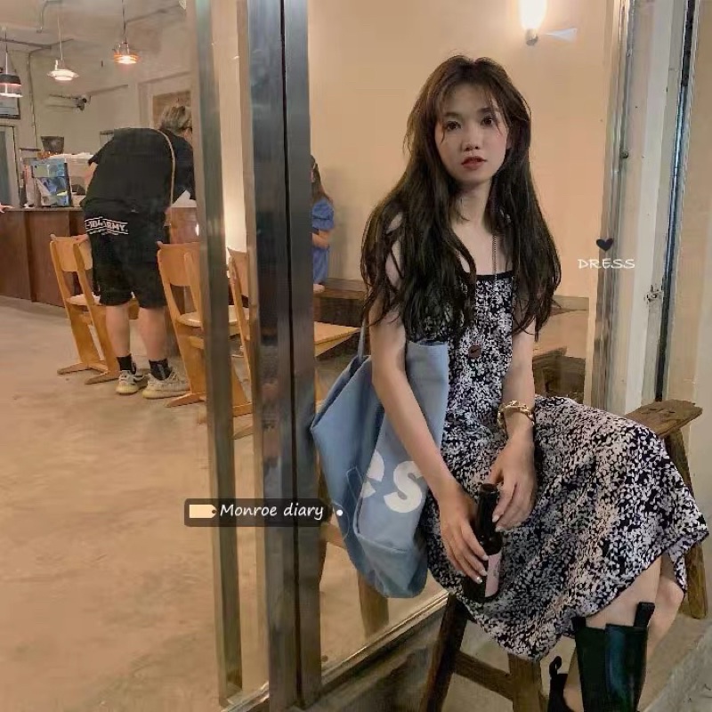 Váy 2 dây nữ vintage họa tiết mùa hè xinh xắn