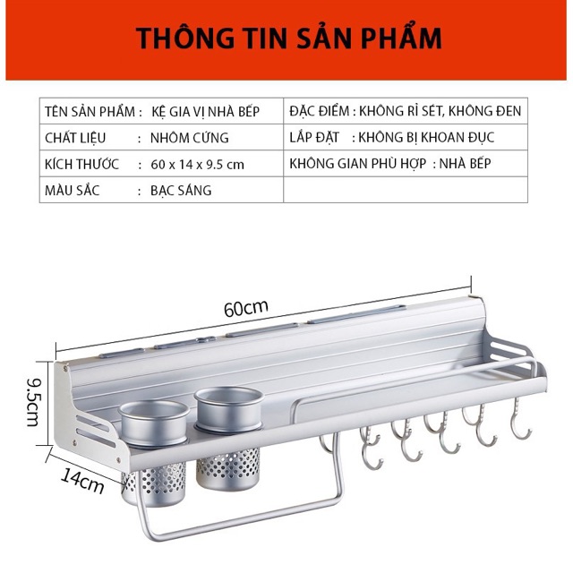 Kệ để đồ gia vị,dao thớt đa năng hợp kim nhôm 2 cỡ 60cm 80cm cao cấp