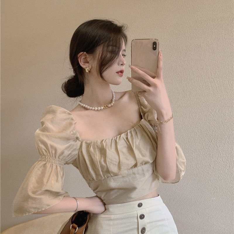 Áo croptop IELGY trễ vai cổ vuông tay phồng thời trang cho nữ