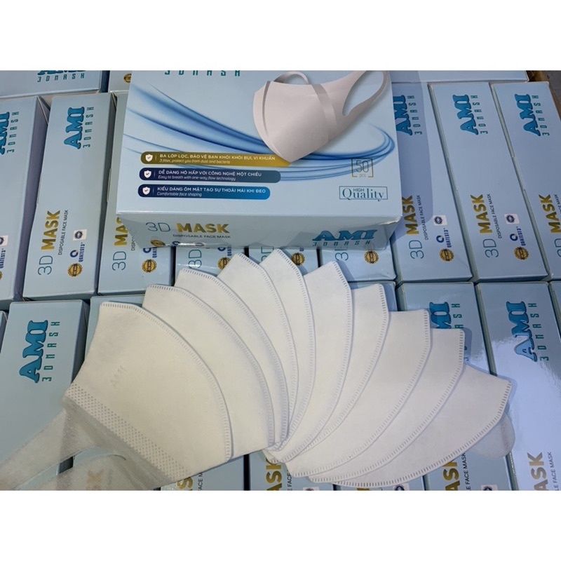 Khẩu trang AMI 3D Mask AMI 3 lớp công nghệ Nhật Bản hộp 50 chiếc mầu TRẮNG