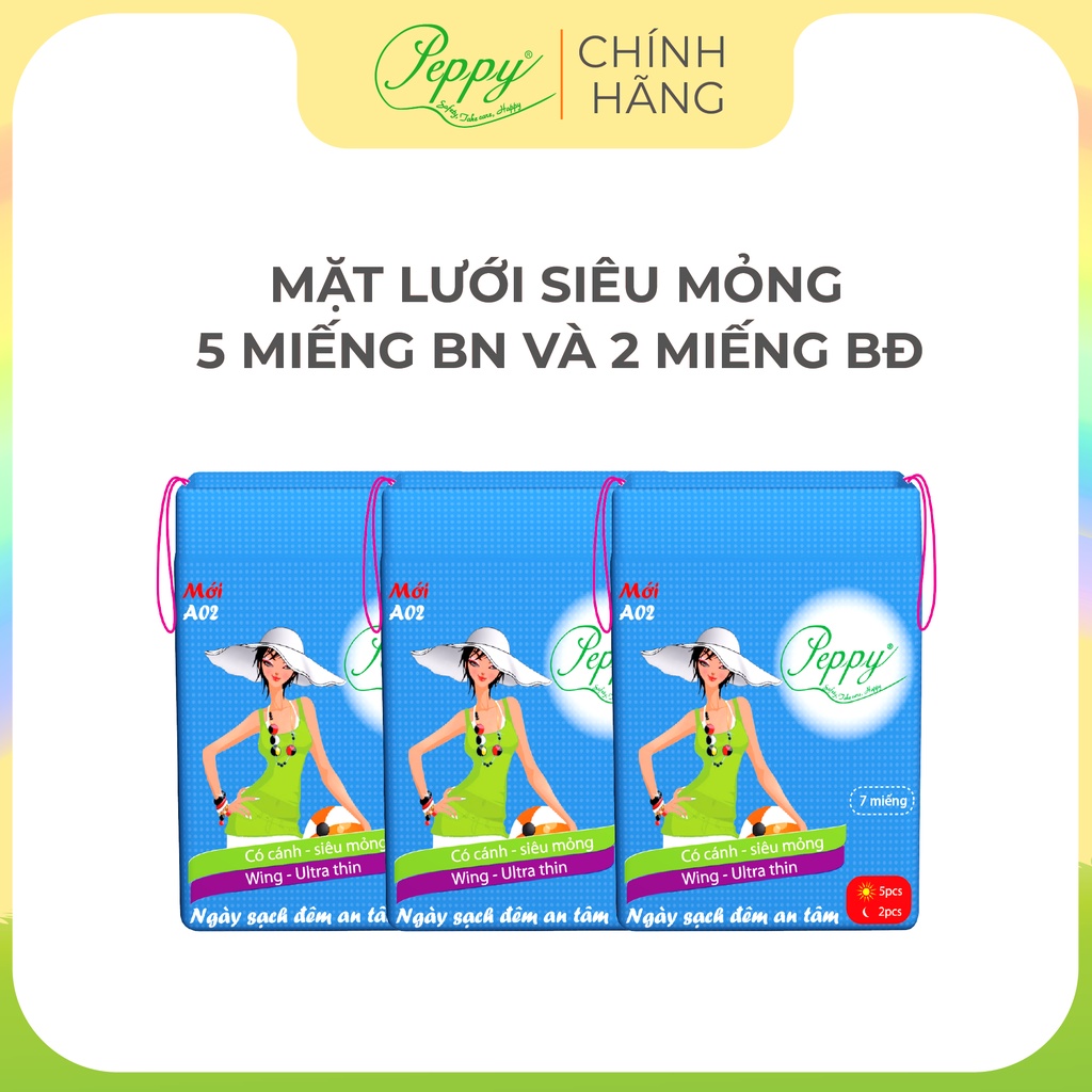[HOT] Băng vệ sinh PEPPY( A02) 3 gói, lưới siêu thấm, siêu mỏng cánh-Combo 3 gói (5 miếng ban ngày + 2 miếng ban đêm)/gó
