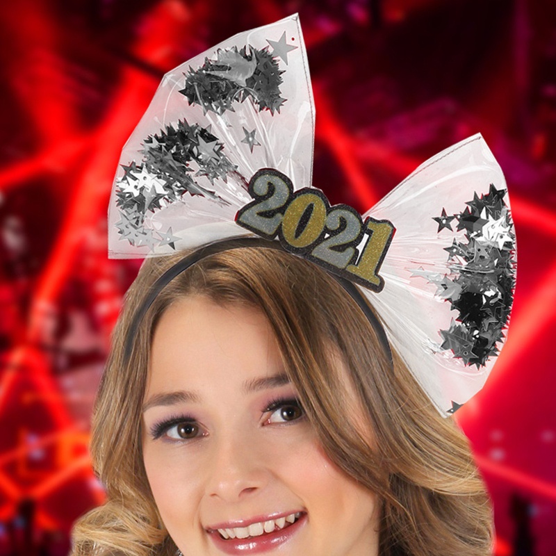 Băng Đô Cài Tóc Co Giãn Bằng Nhựa Đính Kim Tuyến Và Nơ Lớn Năm Mới 2021