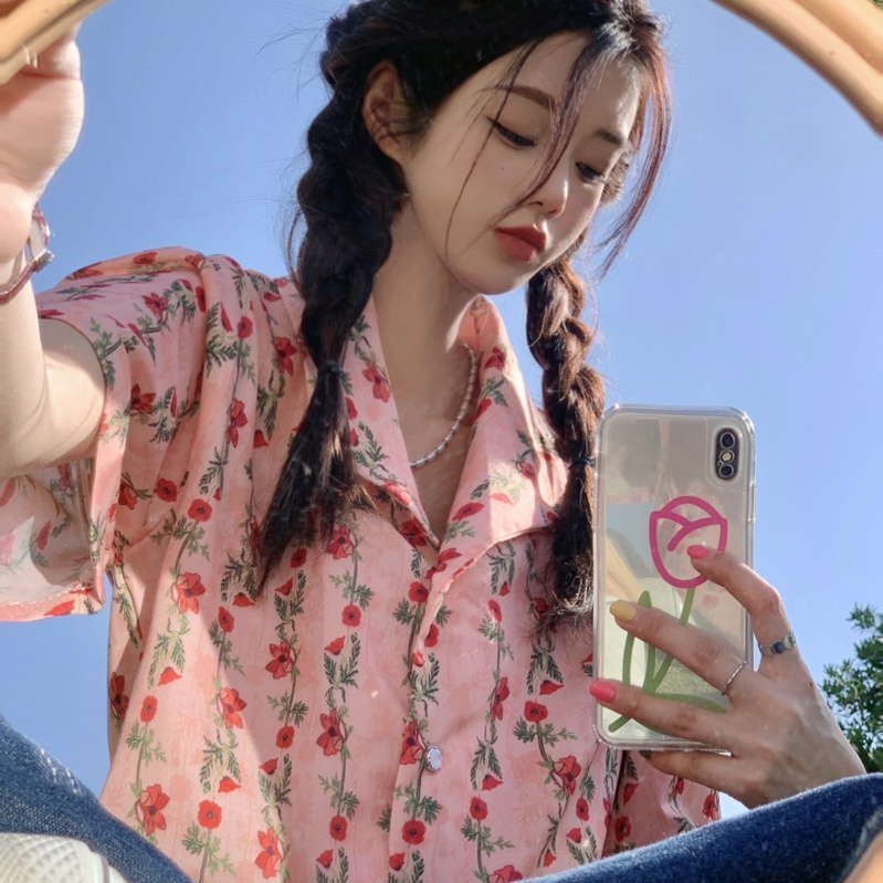 Áo sơ mi SUXI ngắn tay họa tiết hoa vintage cho nữ