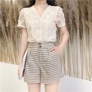Set Quần Kẻ Áo Ren