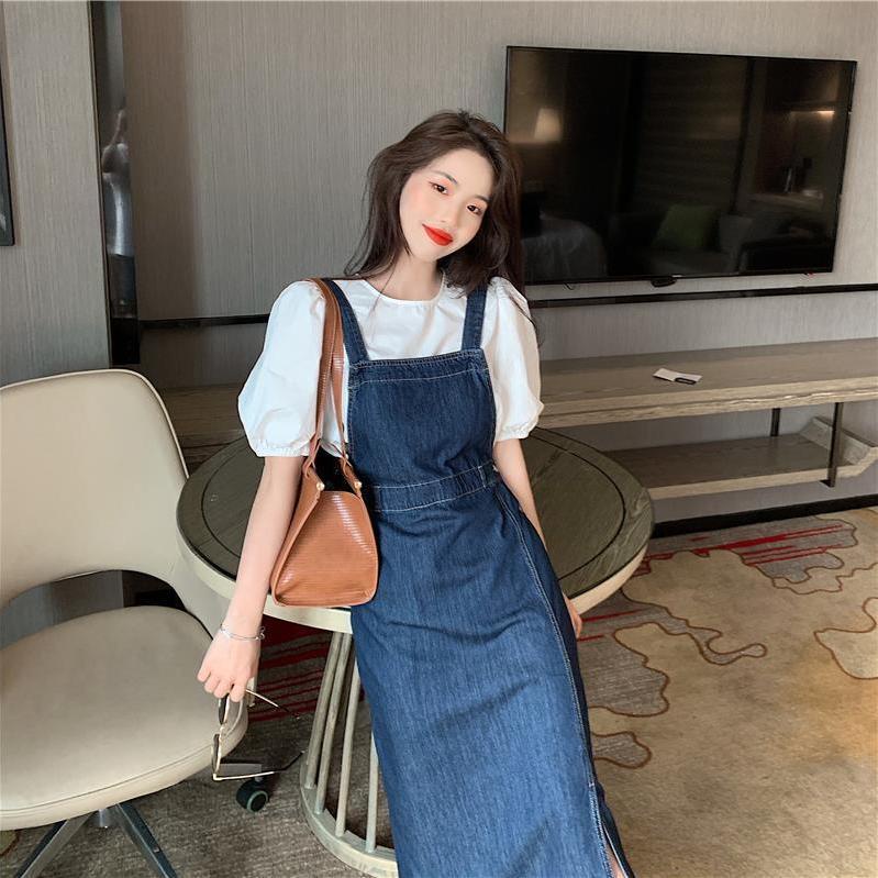 Đầm Denim Hai Dây Xẻ Tà Dáng Ôm Cỡ Lớn 2022 Thời Trang Mùa Hè Mới Cho Nữ