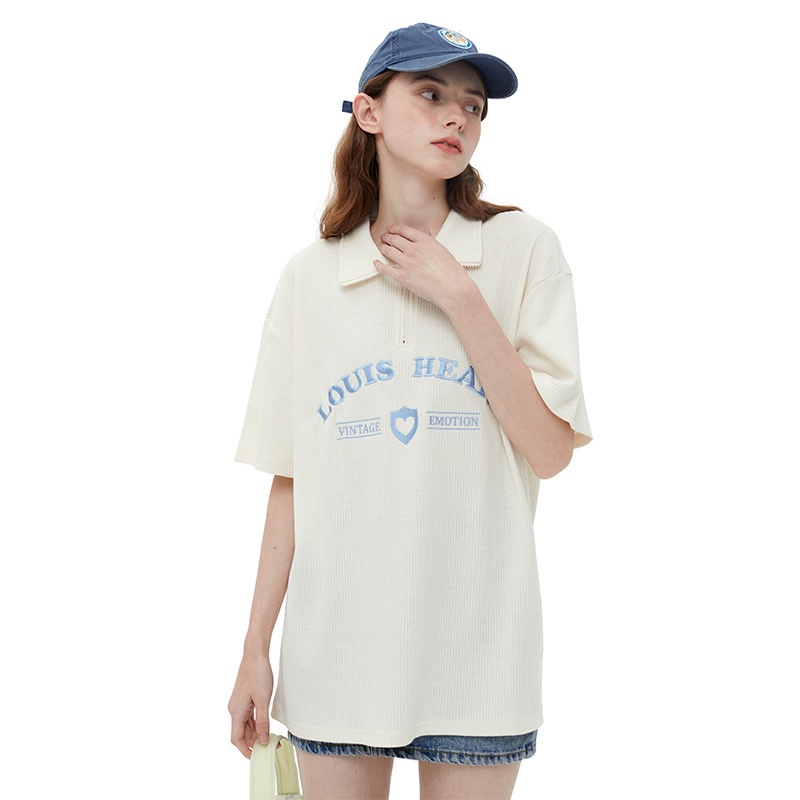 Áo Polo Louis Cổ Bẻ Nữ FREESHIP Thun form rộng tay lỡ thêu chữ trái tim xanh kiểu hàn quốc cá tính Ulzzang