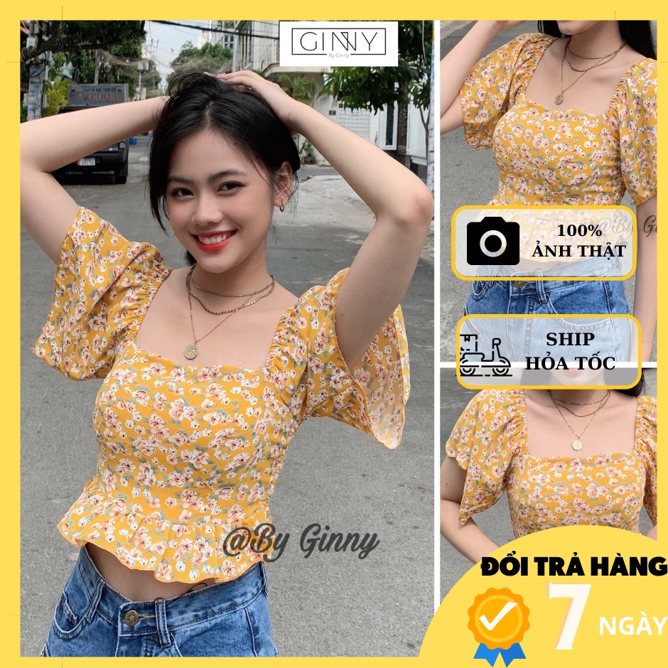 Áo kiểu vàng hoa trắng có mút TH-177 GINNY nữ tính ngọt ngào trendy