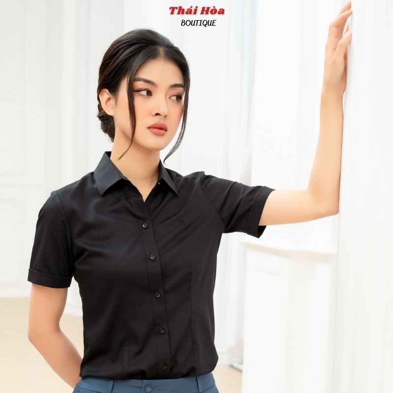 Áo sơ mi nữ công sở đen ngắn tay cao cấp kiểu bigsize sợi tre Thái Hoà N8919-15-01