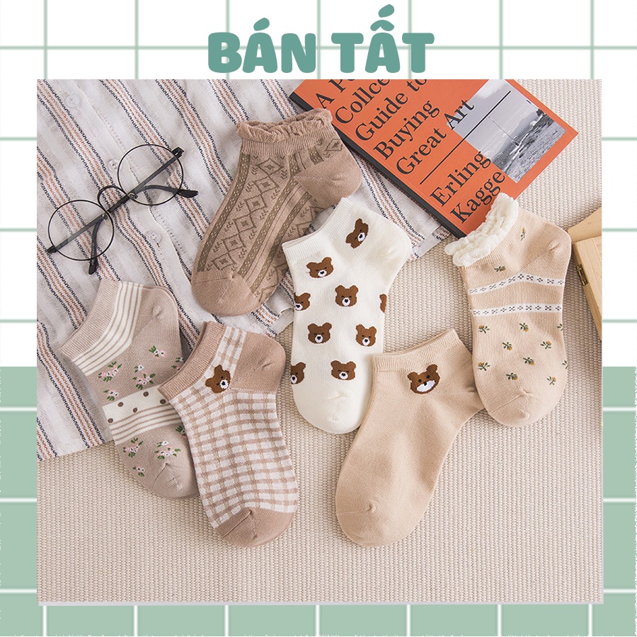 Tất Vớ Nữ Cổ Ngắn - Tất nữ cotton bèo nhún in hình Gấu Nâu dễ thương phong cách vintage Hàn Quốc