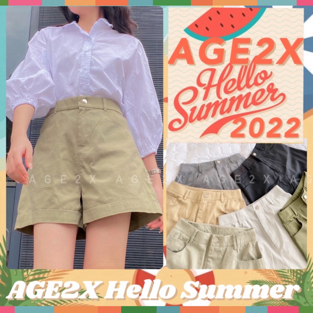 Quần Short ống rộng, Lưng Siêu Cao, chính hãng AGE2X, vải kaki 83% cotton, mềm, mát, ít nhăn, không ra màu, chuẩn HVNXK