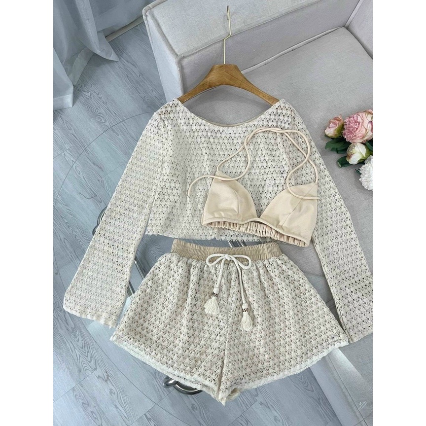 Set 3 món đi biển ( áo khoác tay loe + áo bra + quần short )