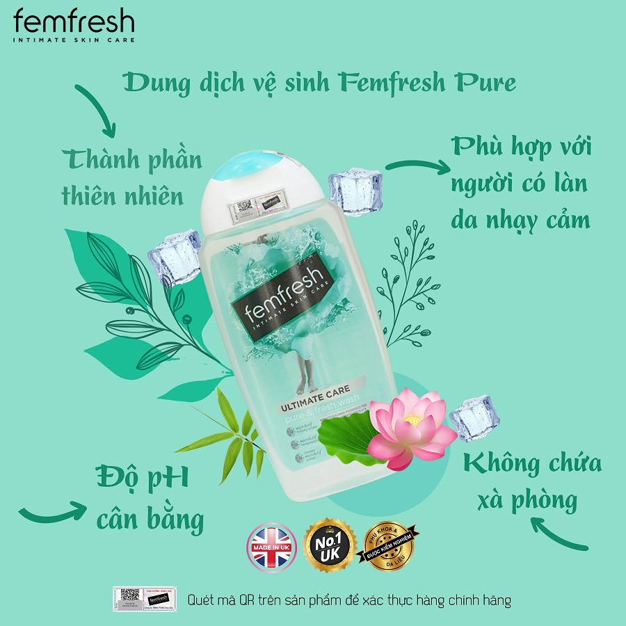 Dung dịch vệ sinh phụ nữ cao cấp cho da nhạy cảm Anh Quốc Femfresh Pure &amp; Fresh Wash 250ml